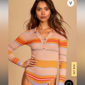 Lulu’s tan multi striped long sleeve bodysuit. Ribbed not, henley inspired